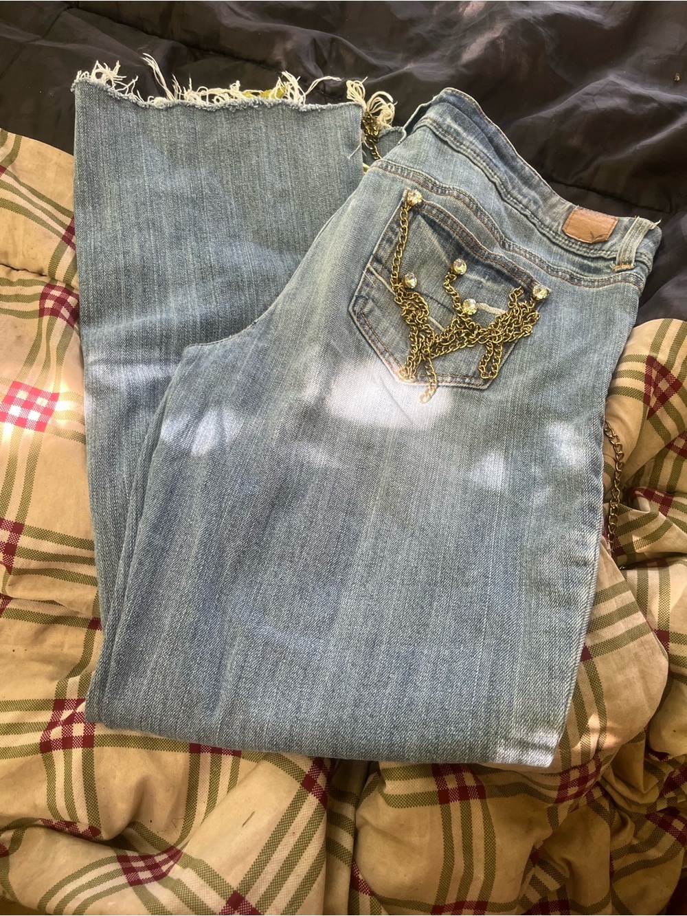 American Eagle Outfitters Light Blue Flare Jeans with Gold Chain Accent